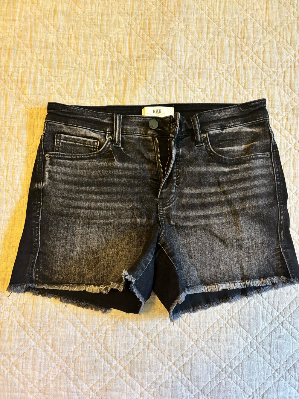BKE Denim- Women's Black Washed Denim Cutoff Stretch Shorts, 28, side slit